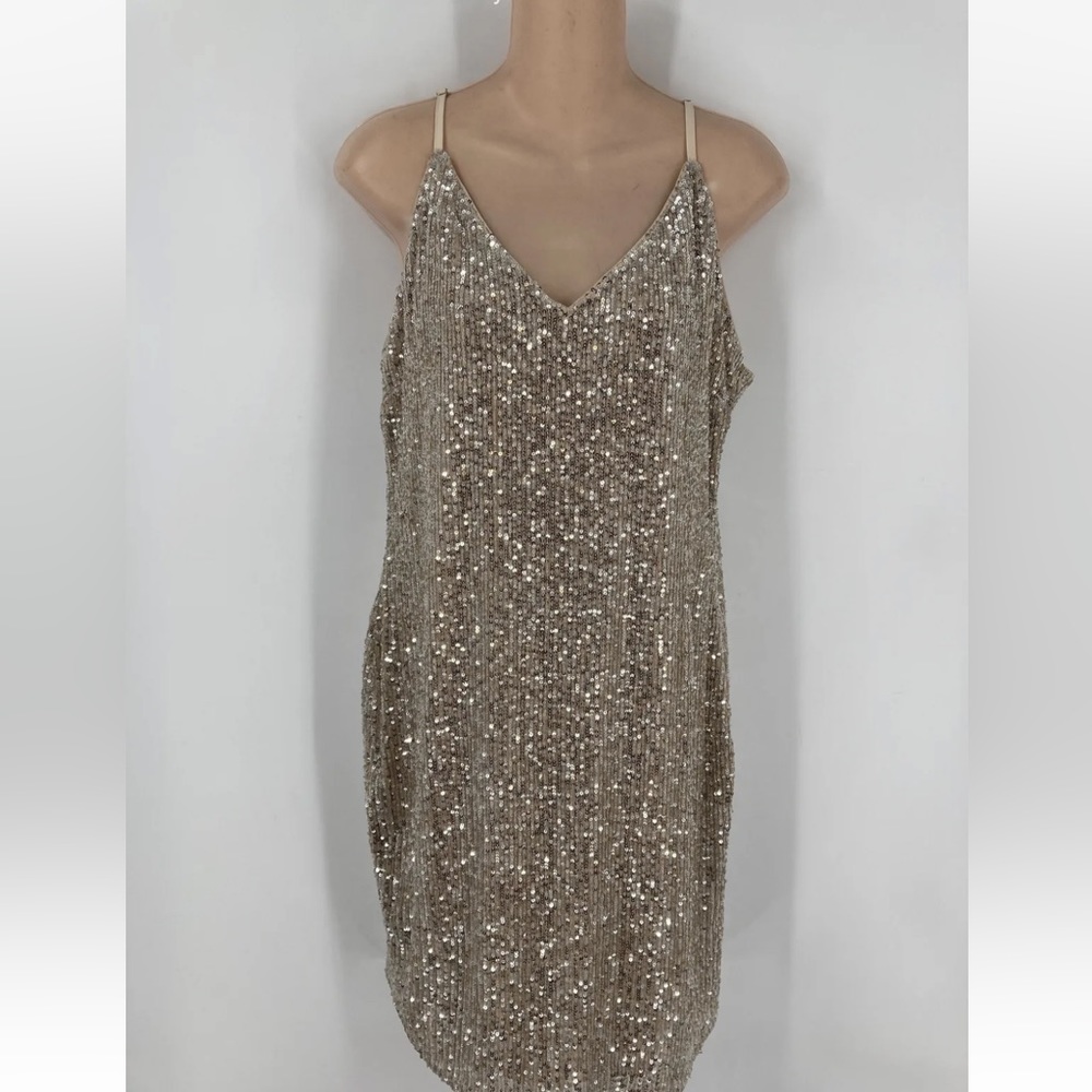 NWT Forever Unique Womens Beige Sequin Spaghetti Strap Midi Shift Dress Size 12